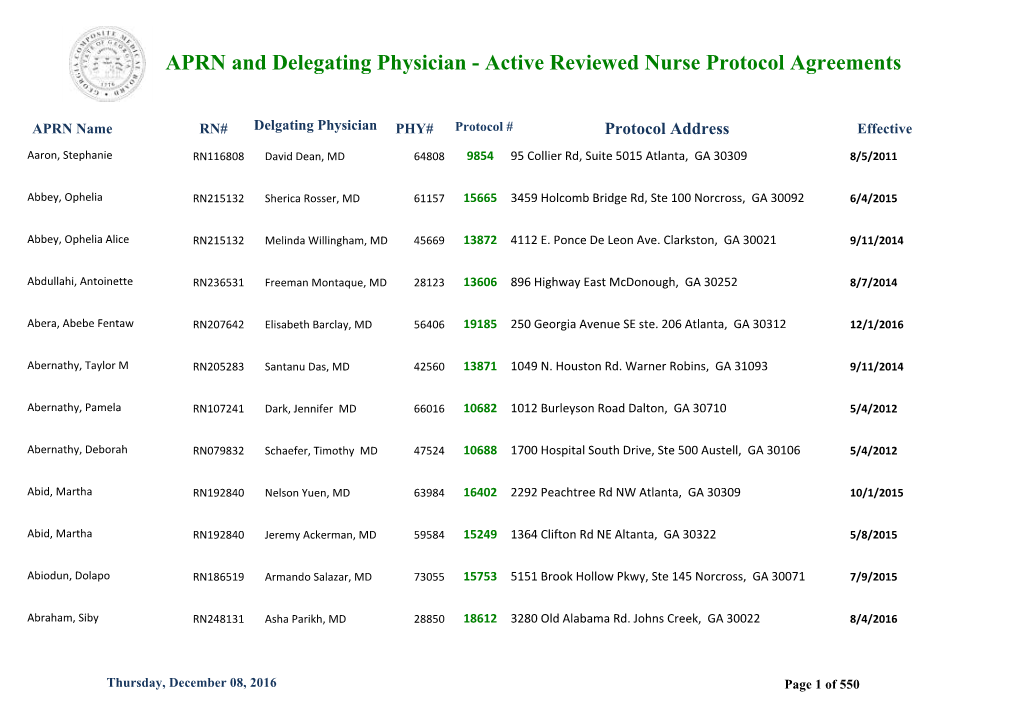 APRN and Delegating Physician - Active Reviewed Nurse Protocol Agreements