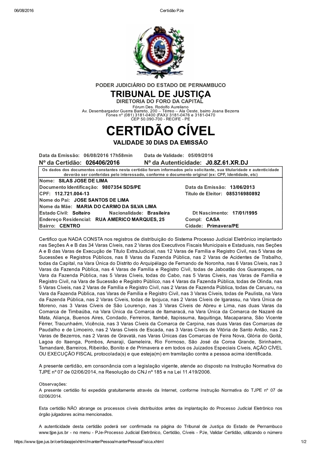 Certidão Cível Validade 30 Dias Da Emissão