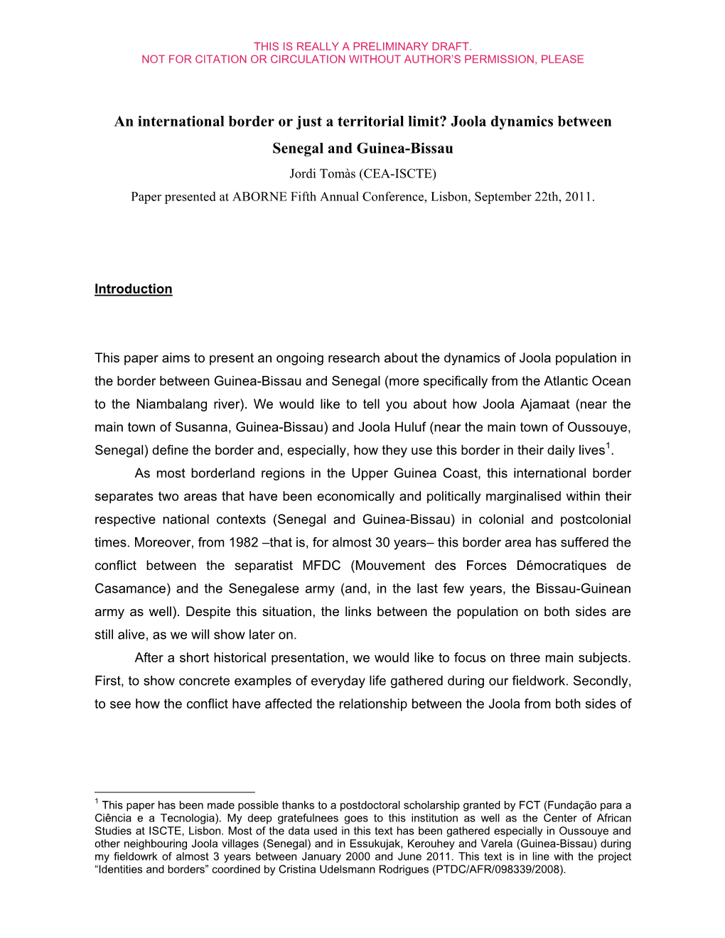 Joola Dynamics Between Senegal and Guinea-Bissau Jordi Tomàs (CEA-ISCTE) Paper Presented at ABORNE Fifth Annual Conference, Lisbon, September 22Th, 2011