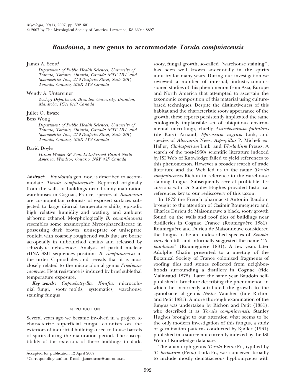 Baudoinia, a New Genus to Accommodate Torula Compniacensis