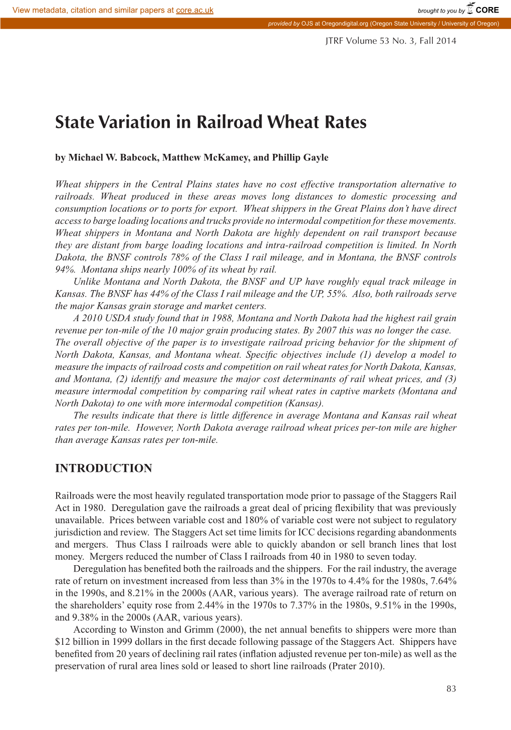 State Variation in Railroad Wheat Rates