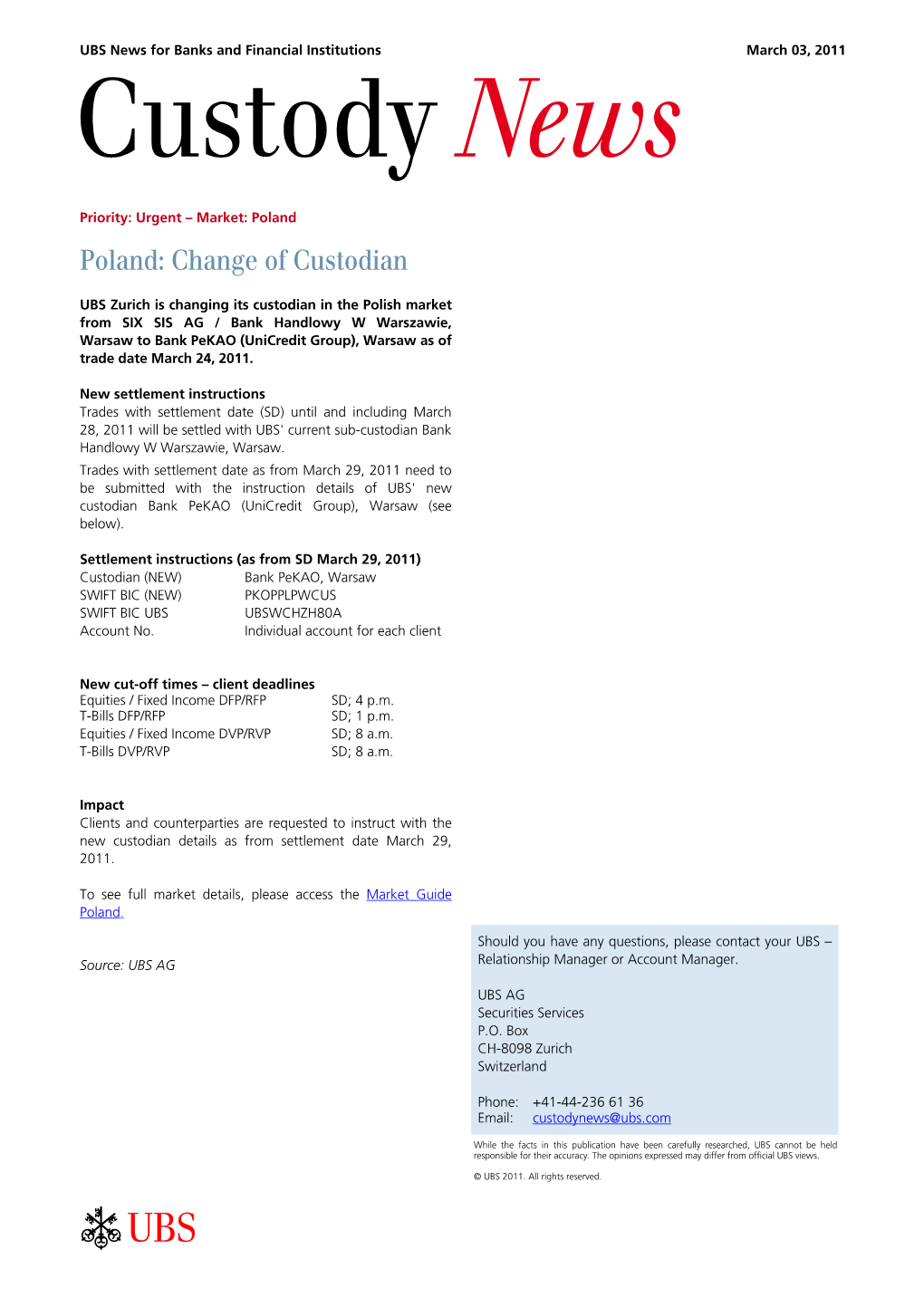 UBS News for Banks and Financial Institutions March 03, 2011