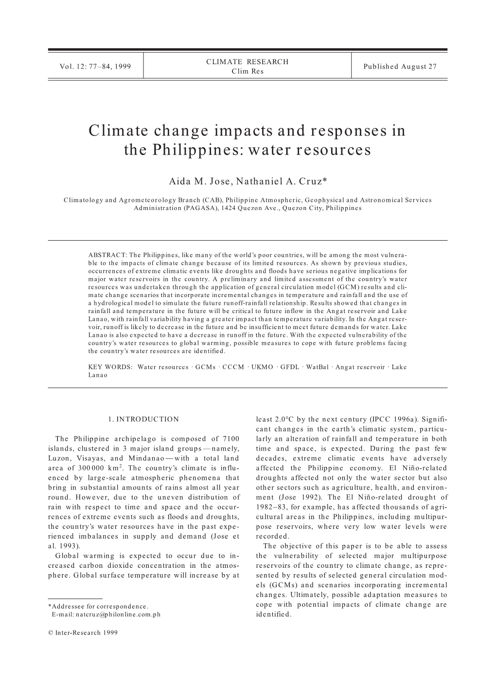 Climate Change Impacts and Responses in the Philippines: Water Resources