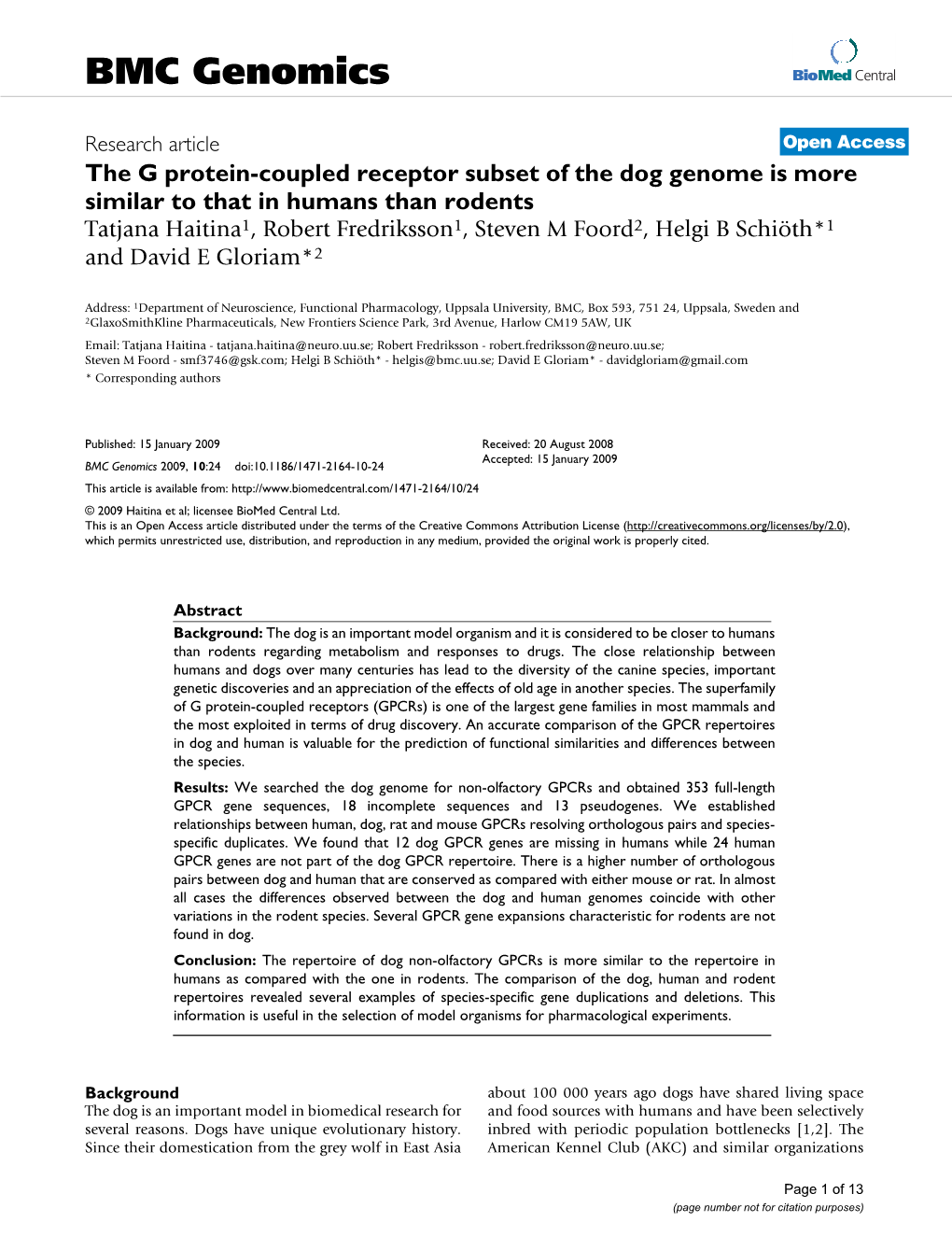The G Protein-Coupled Receptor Subset of the Dog Genome Is More Similar
