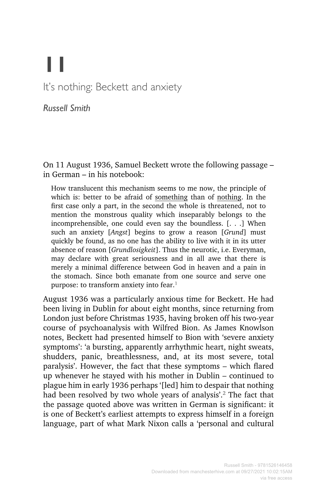 Beckett and Nothing Or ‘A Pain in the Stomach’– of a More Fundamental Anxiety Whose Object Is Precisely an Unfathomable and Unbearable Nothingness