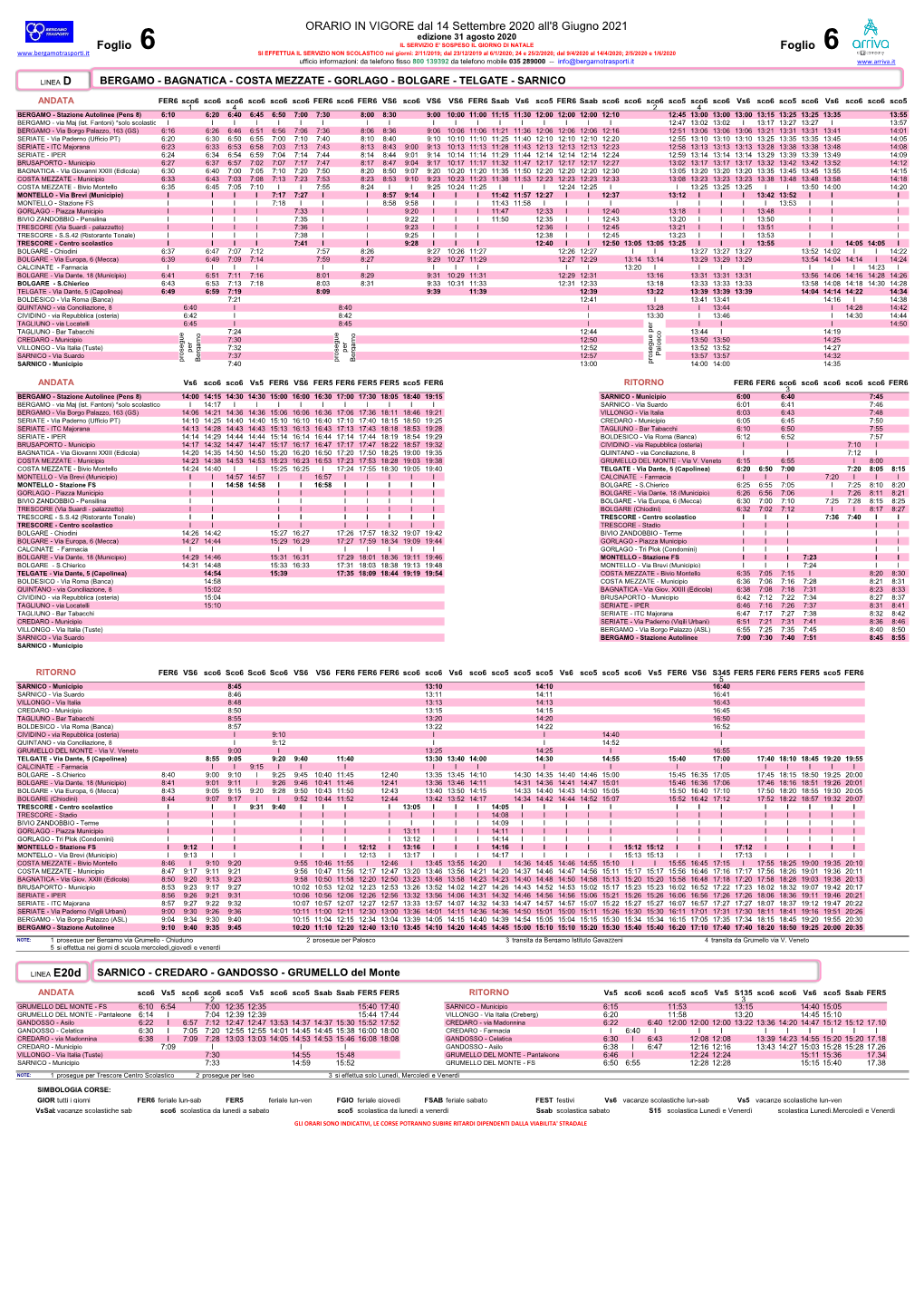 Foglio 6 ORARIO in VIGORE Dal 14 Settembre 2020 All'8 Giugno 2021 Foglio 6