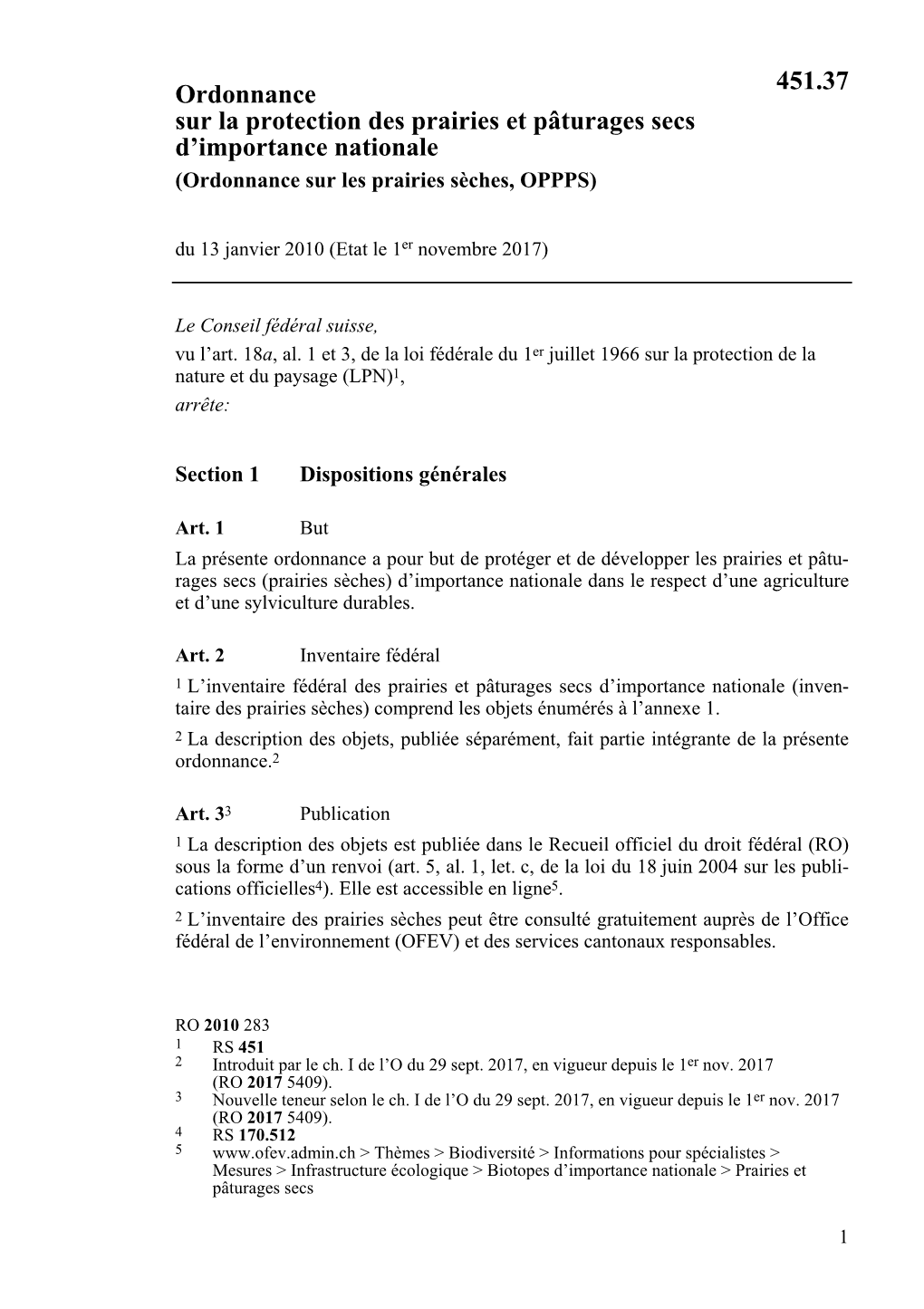 Ordonnance Sur Les Prairies Sèches, OPPPS) Du 13 Janvier 2010 (Etat Le 1Er Novembre 2017)