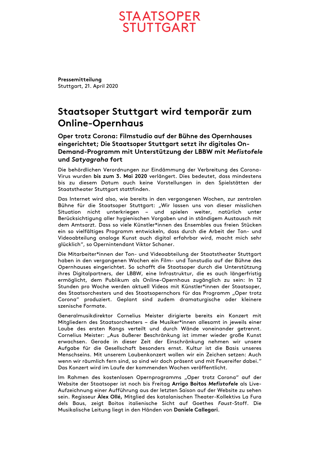 Staatsoper Stuttgart Wird Temporär Zum Online-Opernhaus