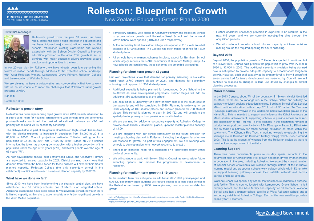 Rolleston: Blueprint for Growth New Zealand Education Growth Plan to 2030