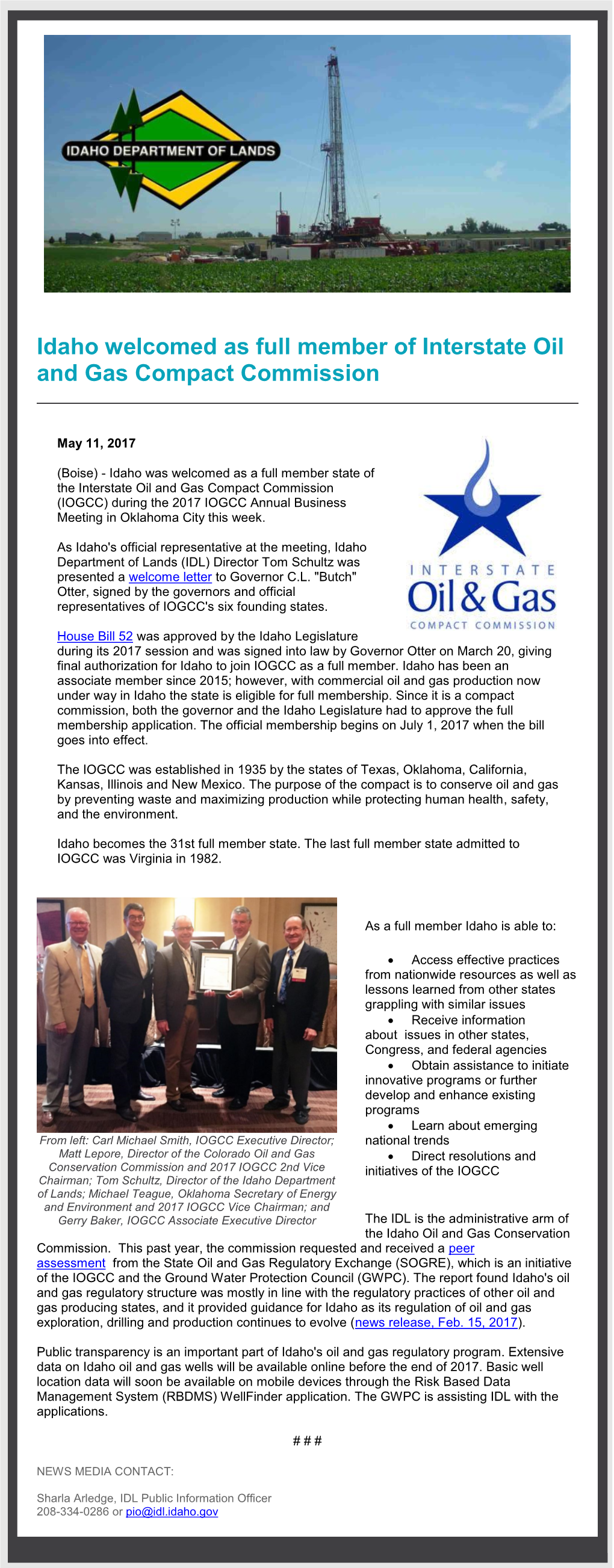 Idaho Welcomed As Full Member of Interstate Oil and Gas Compact Commission