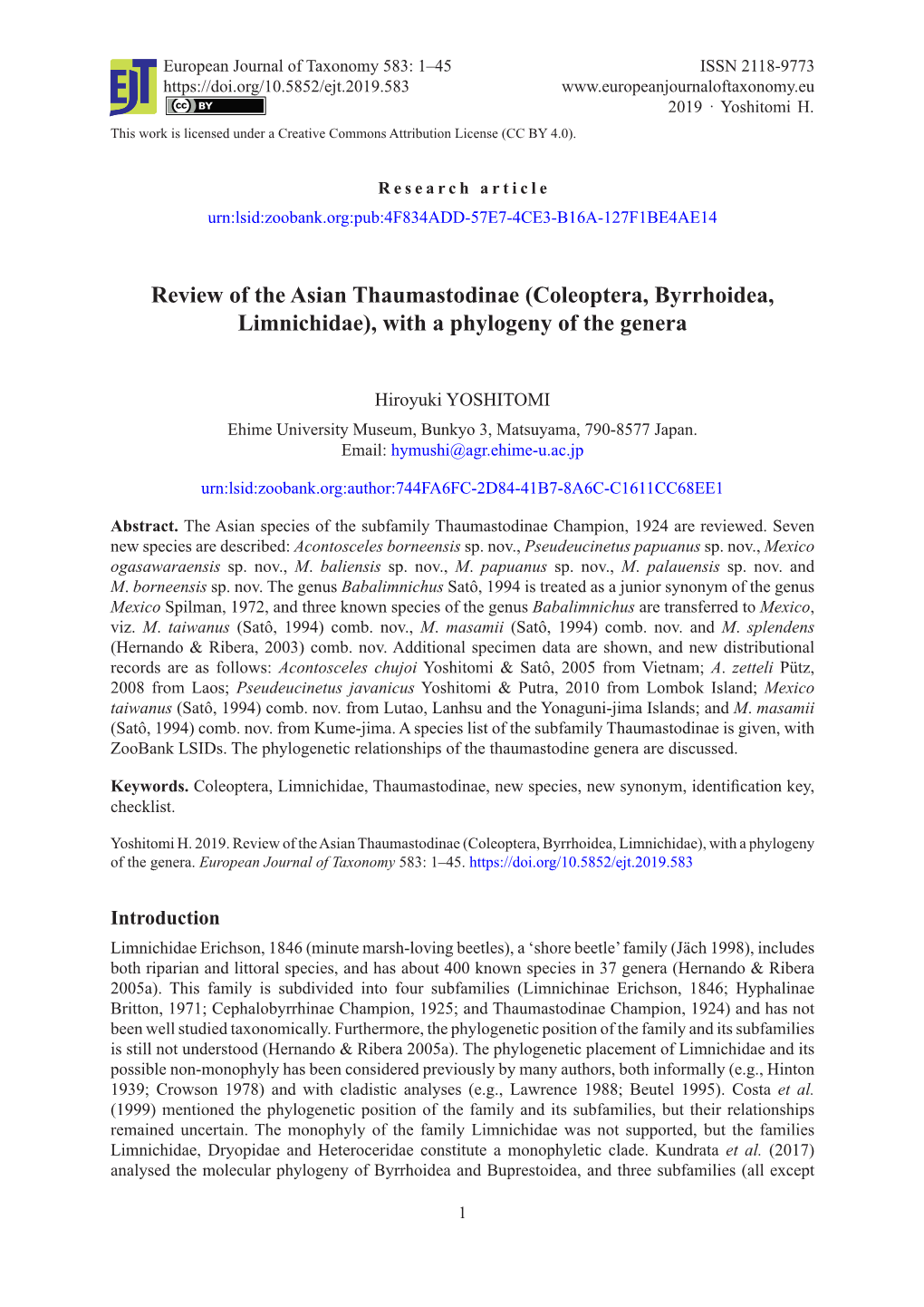 (Coleoptera, Byrrhoidea, Limnichidae), with a Phylogeny of the Genera