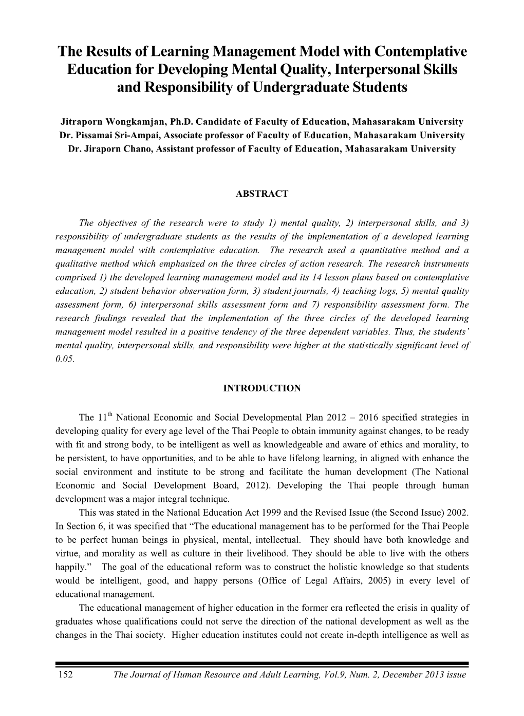 The Results of Learning Management Model with Contemplative