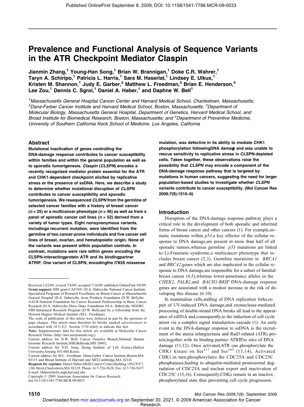 Prevalence and Functional Analysis of Sequence Variants in the ATR Checkpoint Mediator Claspin