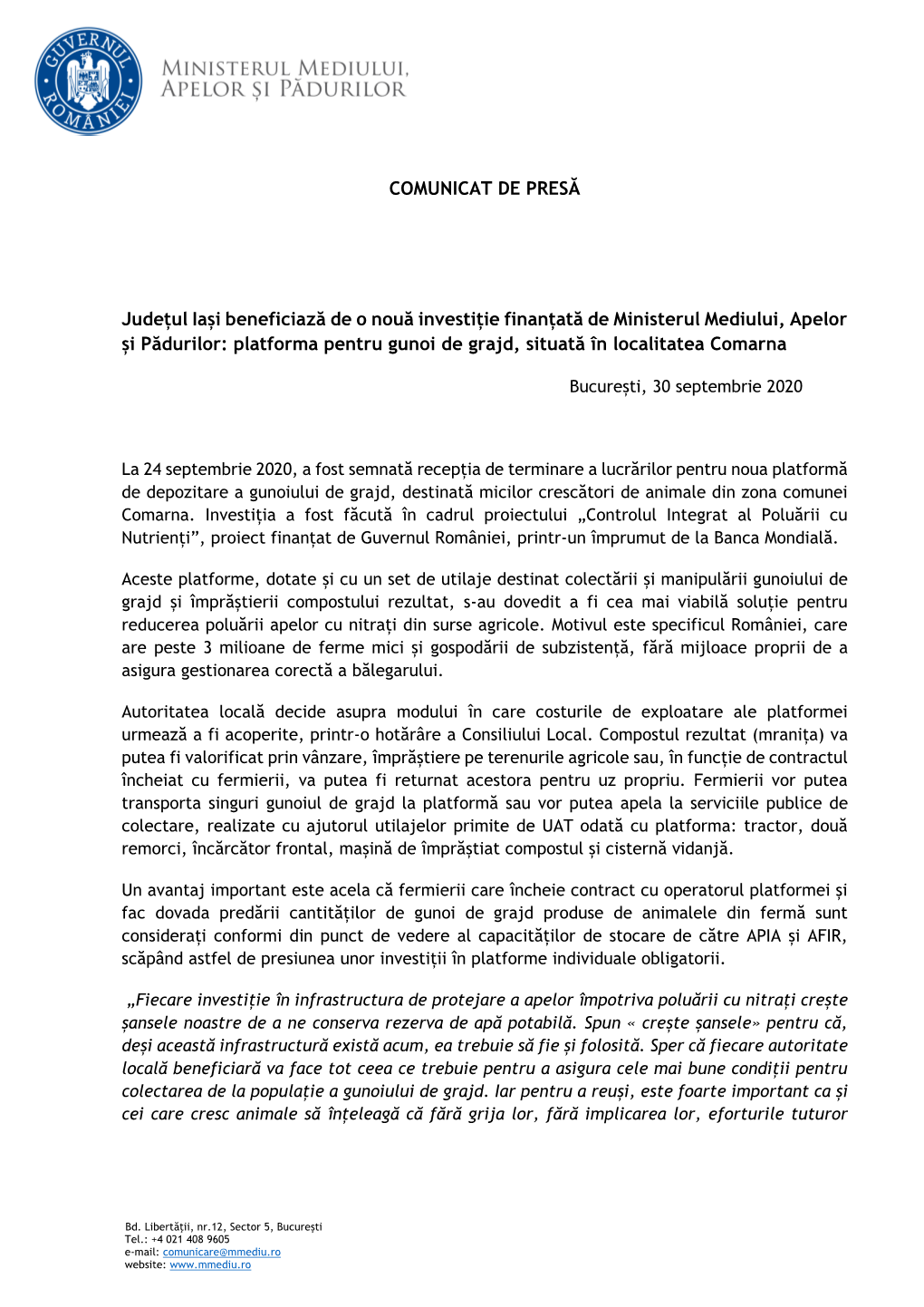 COMUNICAT DE PRESĂ Județul Iași Beneficiază De O Nouă Investiție Finanțată De Ministerul Mediului, Apelor Și Pădurilor