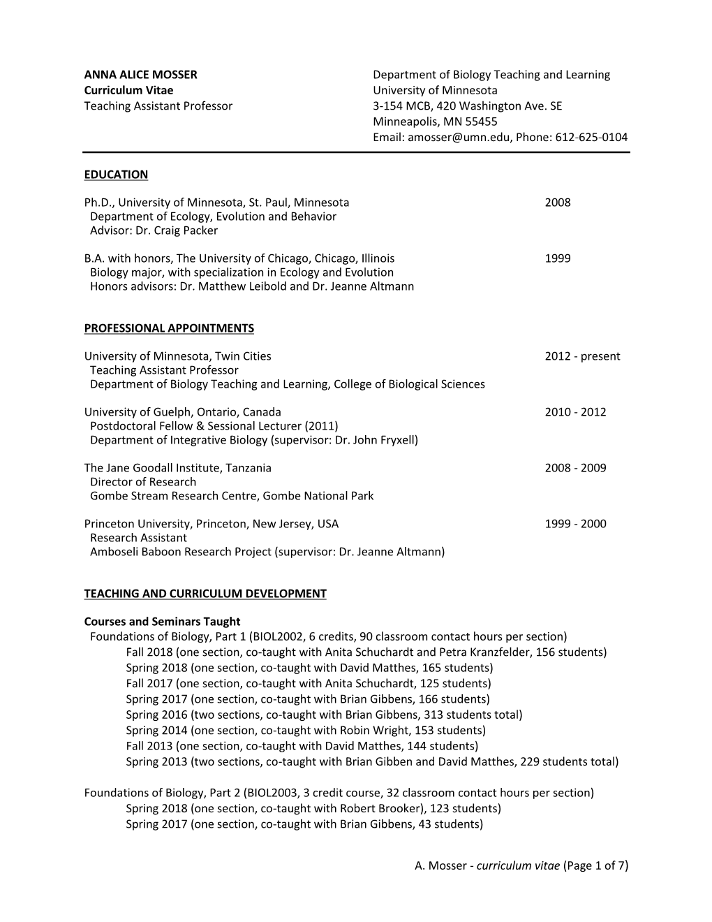 A. Mosser - Curriculum Vitae (Page 1 of 7)