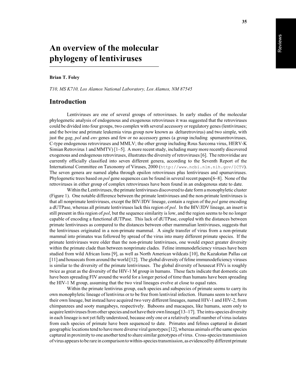 An Overview of the Molecular Phylogeny of Lentiviruses