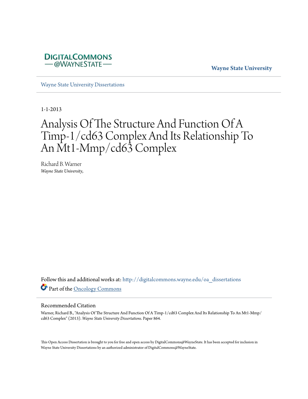 Analysis of the Structure and Function of a Timp-1/Cd63 Complex and Its Relationship to an Mt1-Mmp/Cd63 Complex