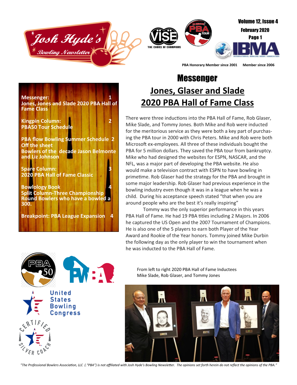 Jones, Glaser and Slade 2020 PBA Hall of Fame Class