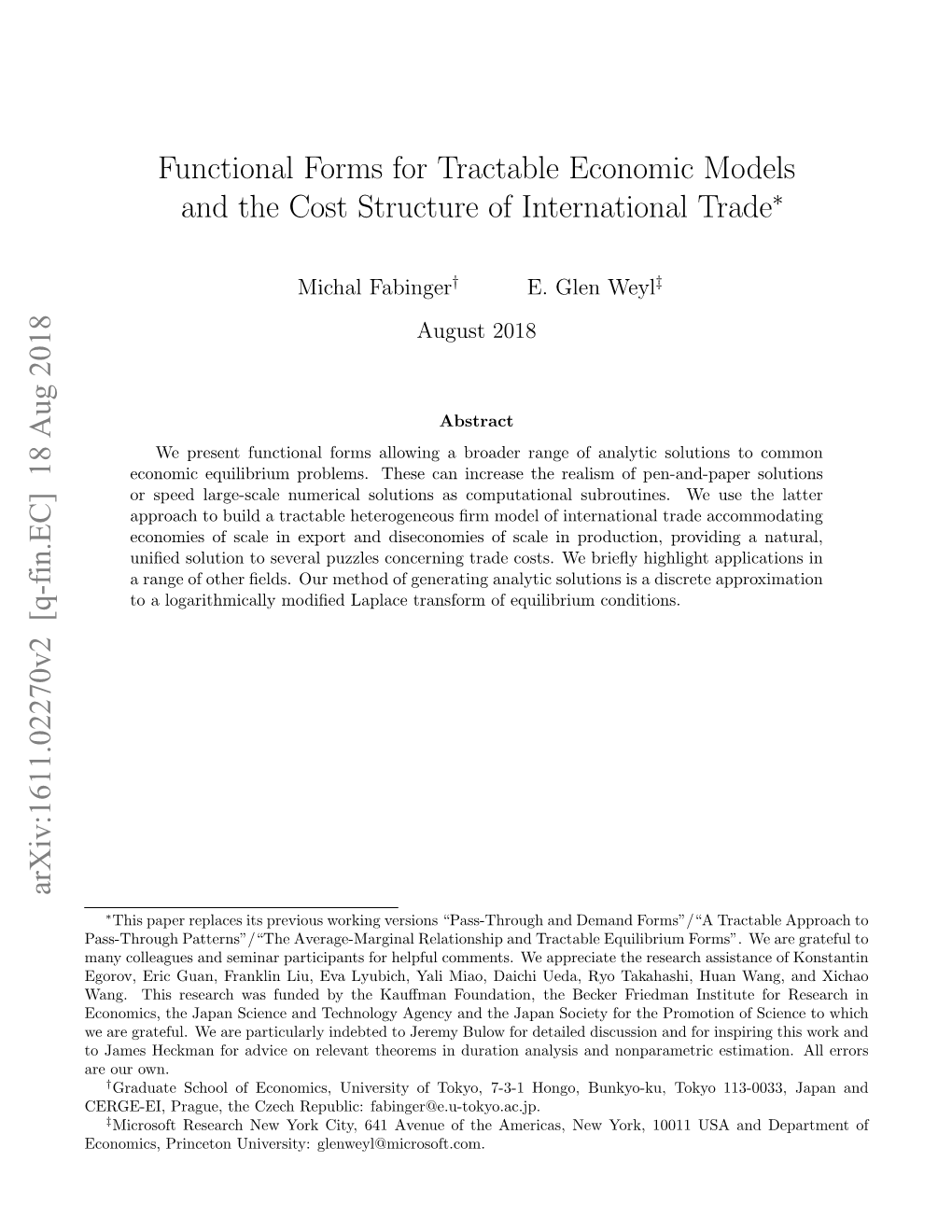 Functional Forms for Tractable Economic Models and the Cost Structure of International Trade∗