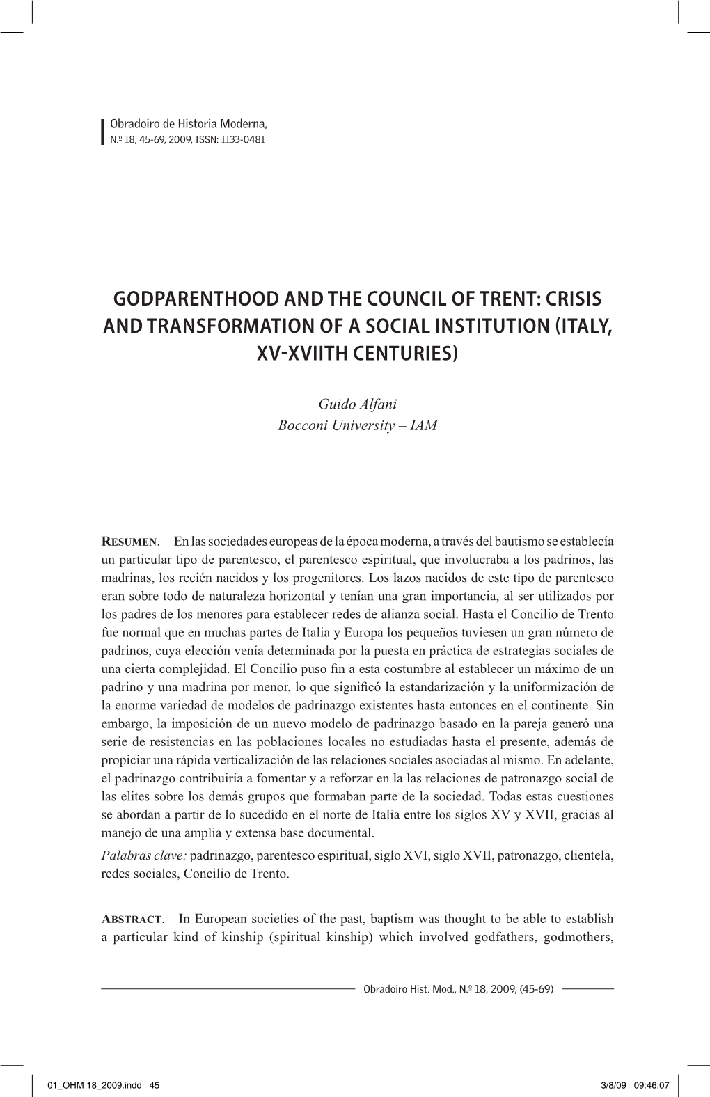 GODPARENTHOOD and the COUNCIL of TRENT: CRISIS and TRANSFORMATION of a SOCIAL INSTITUTION (ITALY, XV-Xviith CENTURIES)