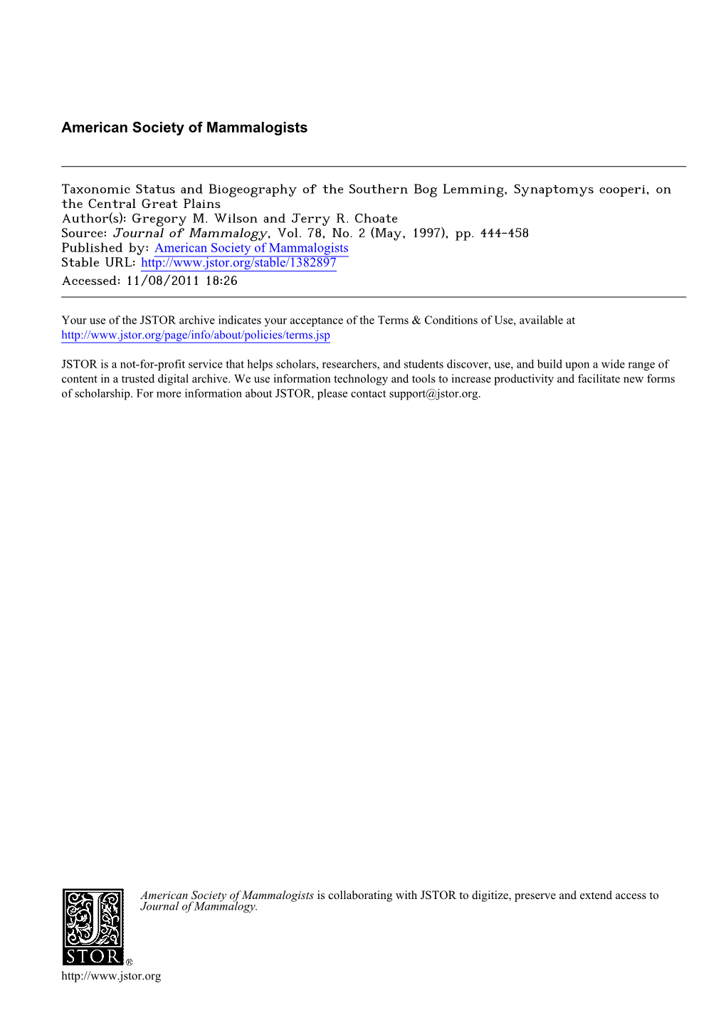 Taxonomic Status and Biogeography of the Southern Bog Lemming, Synaptomys Cooperi, on the Central Great Plains Author(S): Gregory M