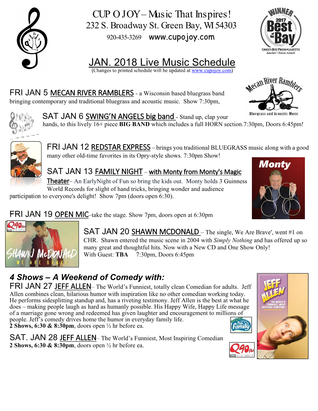 Music That Inspires! JAN. 2018 Live Music Schedule