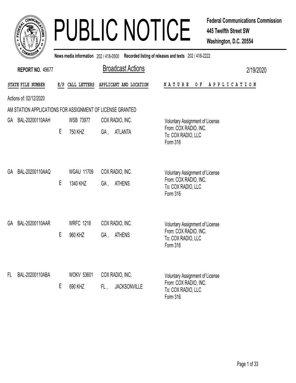 Broadcast Actions 2/19/2020