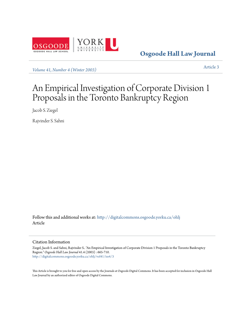 An Empirical Investigation of Corporate Division 1 Proposals in the Toronto Bankruptcy Region Jacob S