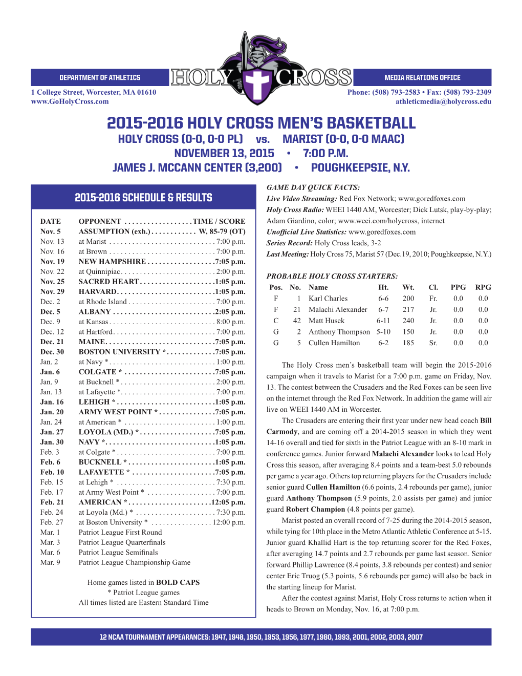 2015-2016 Holy Cross Men's Basketball