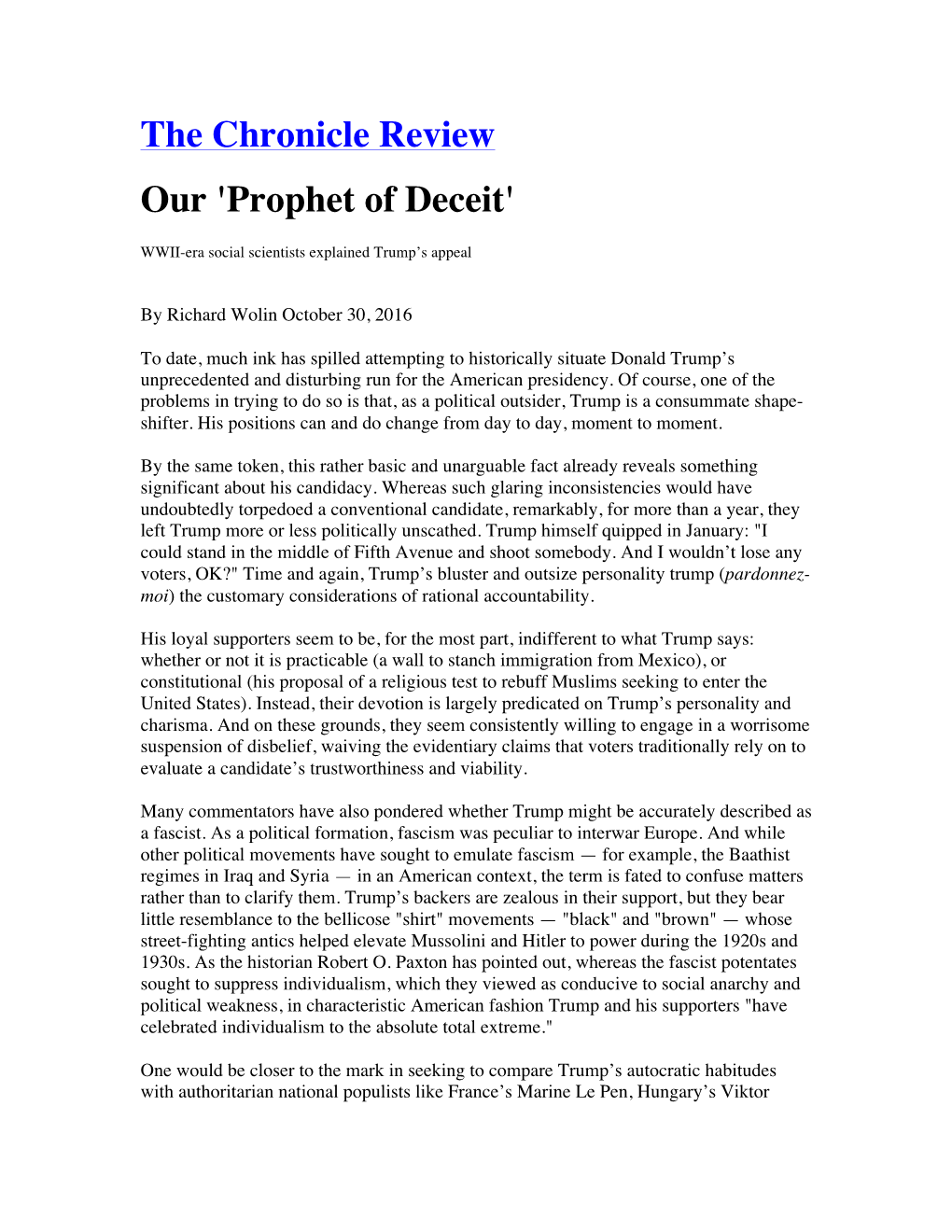 The Chronicle Review Our 'Prophet of Deceit'