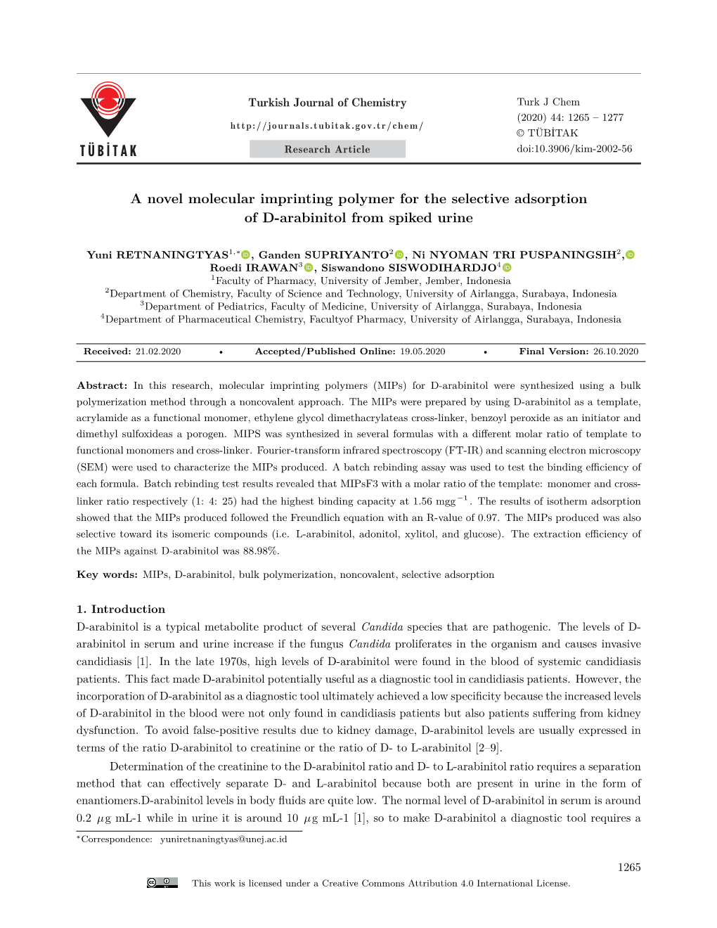 A Novel Molecular Imprinting Polymer for the Selective Adsorption of D-Arabinitol from Spiked Urine