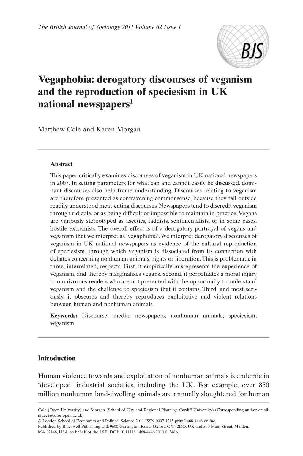 Derogatory Discourses of Veganism and the Reproduction of Speciesism in UK 1 National Newspapers Bjos 1348 134..152