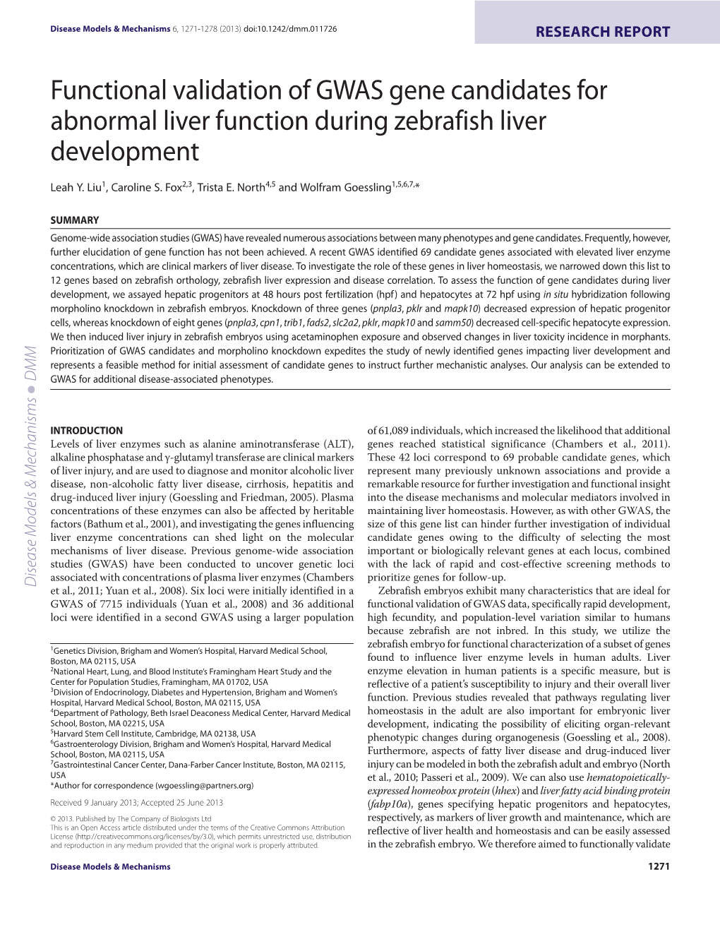 Functional Validation of GWAS Gene Candidates for Abnormal Liver Function During Zebrafish Liver Development