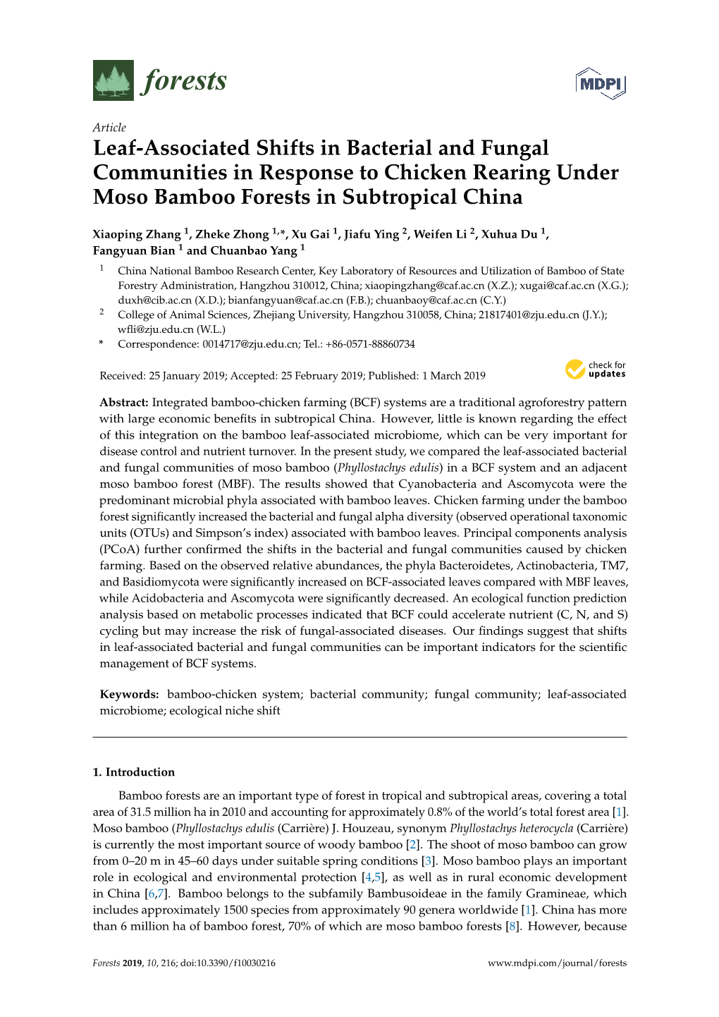 Leaf-Associated Shifts in Bacterial and Fungal Communities in Response to Chicken Rearing Under Moso Bamboo Forests in Subtropical China