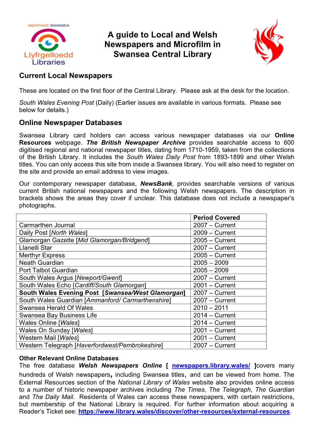 A Guide to Local and Welsh Newspapers and Microfilm in Swansea Central Library