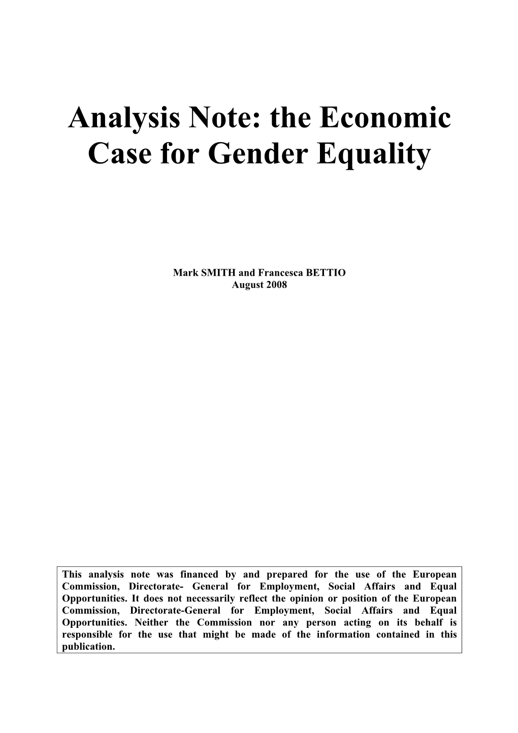 Analysis Note: the Economic Case for Gender Equality