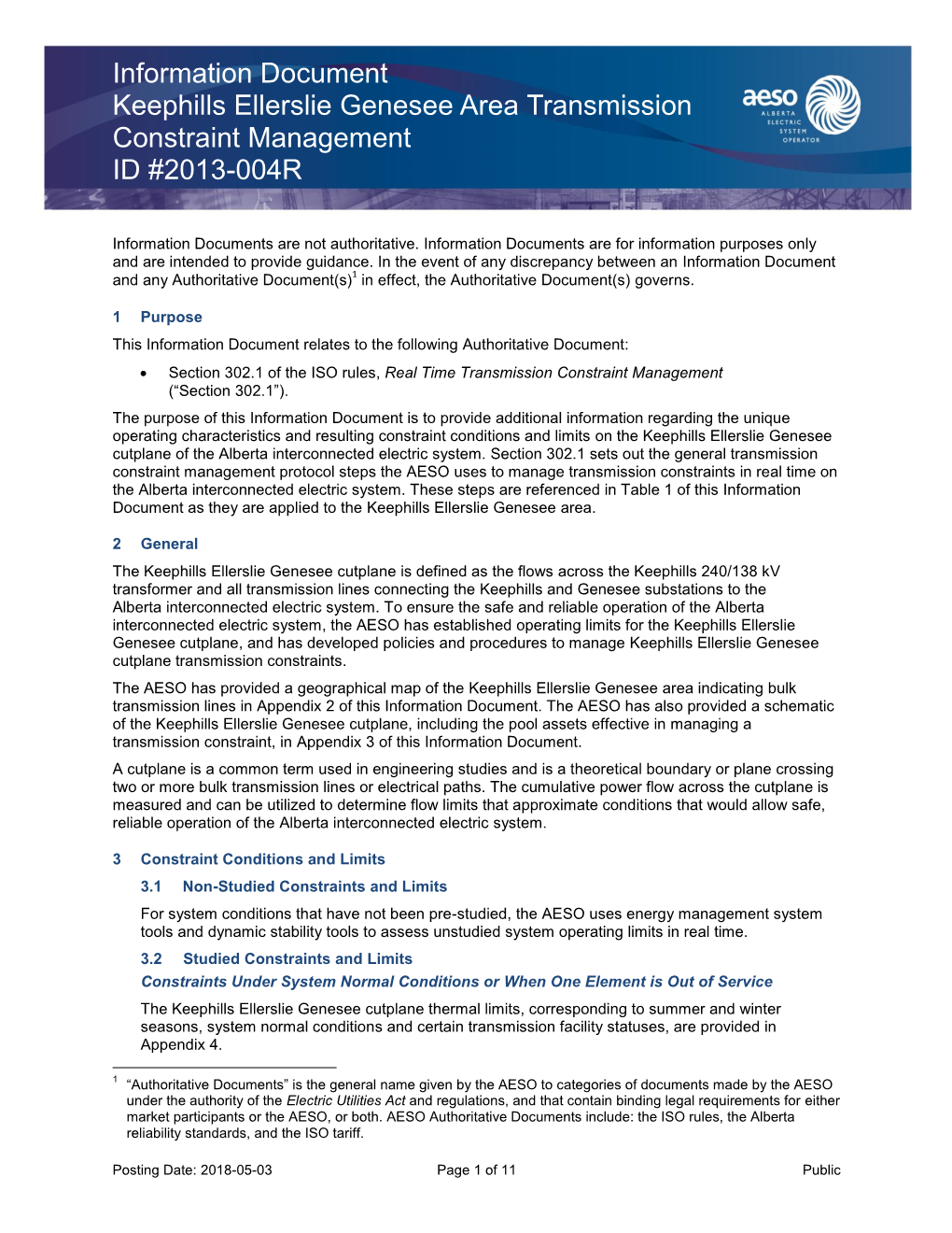 Information Document Keephills Ellerslie Genesee Area Transmission Constraint Management ID #2013-004R