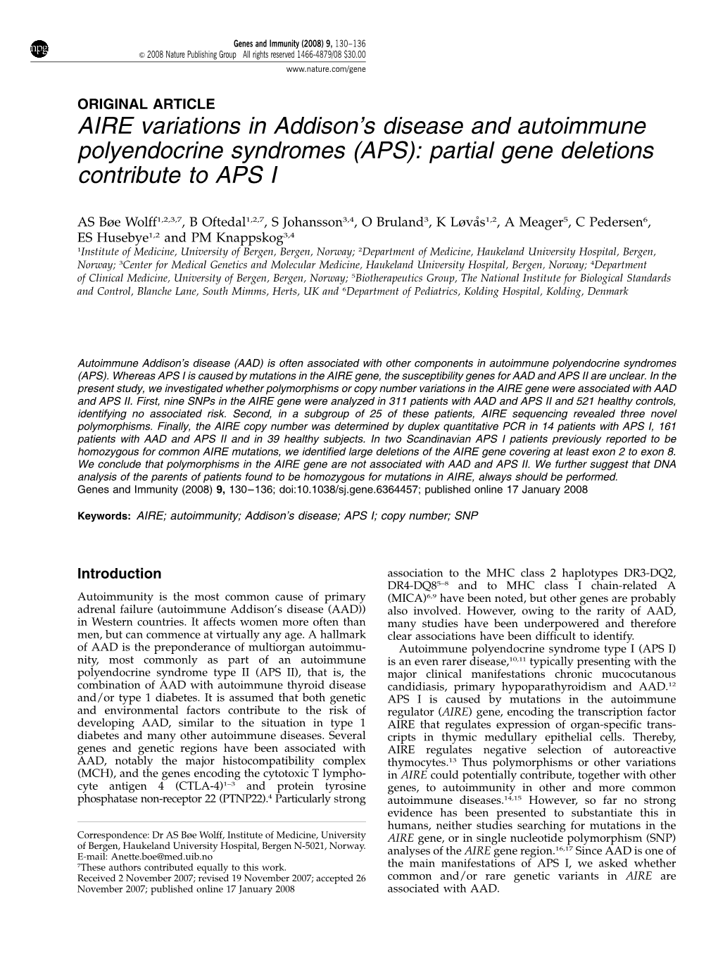 AIRE Variations in Addison's Disease and Autoimmune Polyendocrine Syndromes