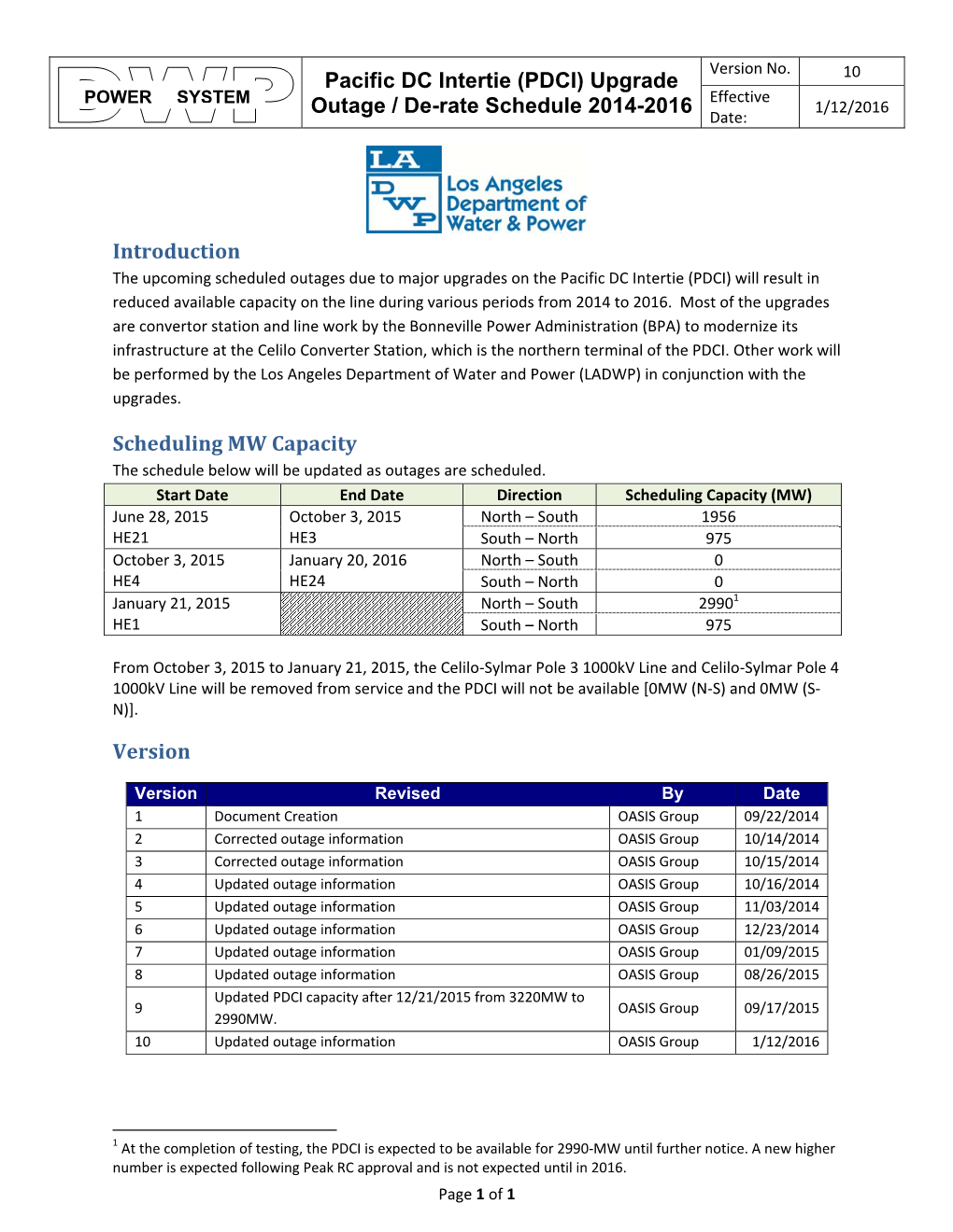 Pacific DC Intertie (PDCI) Upgrade Outage / De-Rate Schedule 2014