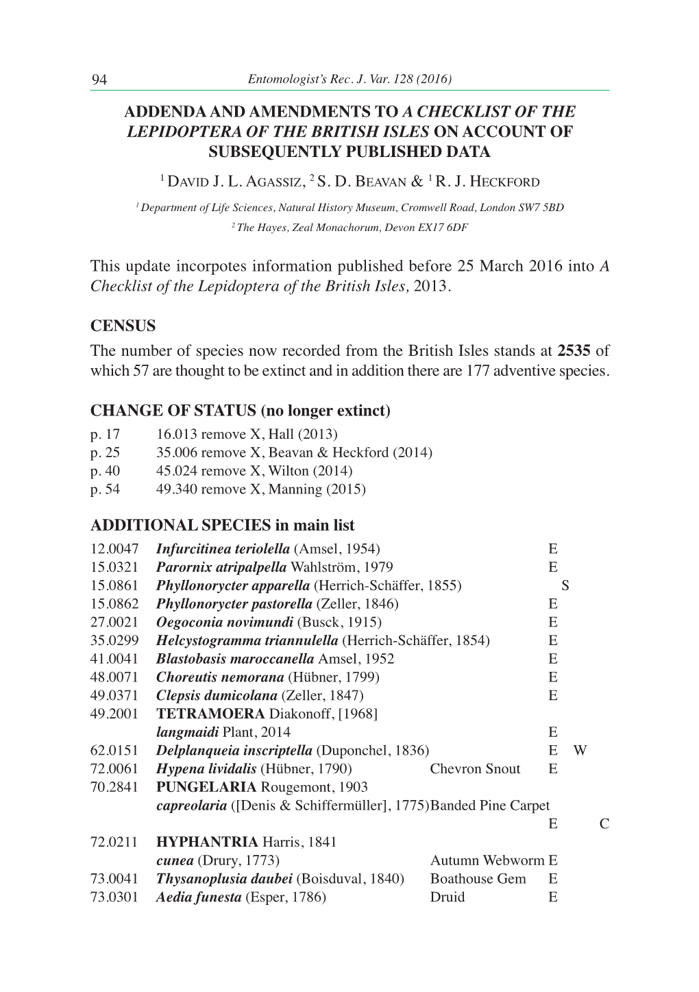 Addenda and Amendments to a Checklist of the Lepidoptera of the British Isles on Account of Subsequently Published Data