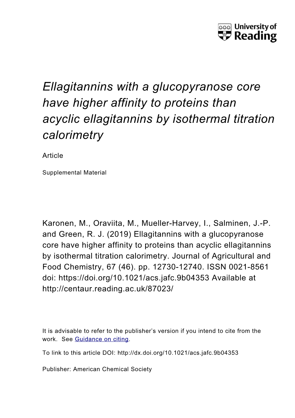Ellagitannins with a Glucopyranose Core Have Higher Affinity to Proteins Than Acyclic Ellagitannins by Isothermal Titration Calorimetry