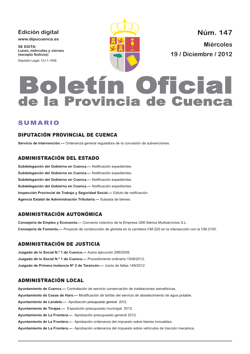 Boletín Oficial De La Provincia De Cuenca Sumario Diputación Provincial De Cuenca