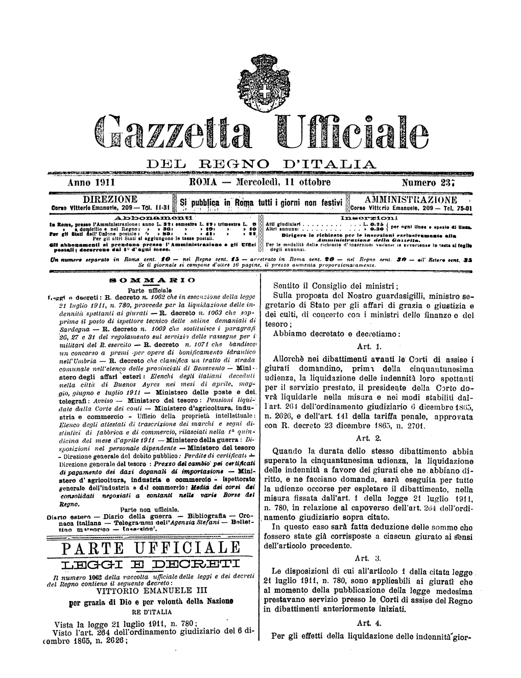 Gazzetta Ufficiale Del Regno D'italia N. 237 Del 11 Ottobre 1911 Parte