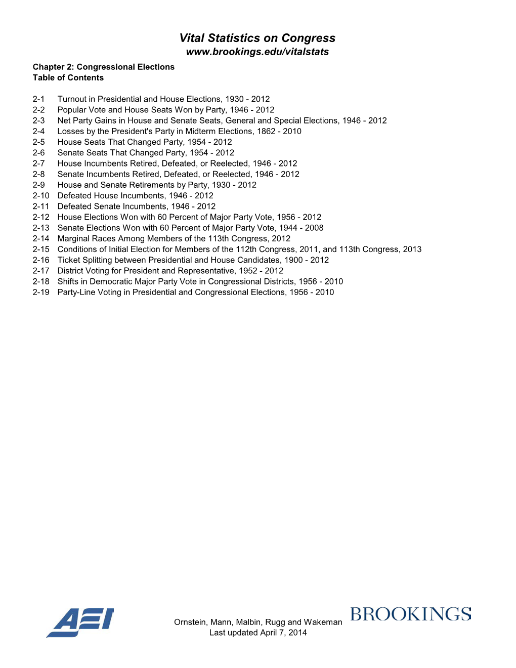 Vital Statistics on Congress Chapter 2: Congressional Elections Table of Contents