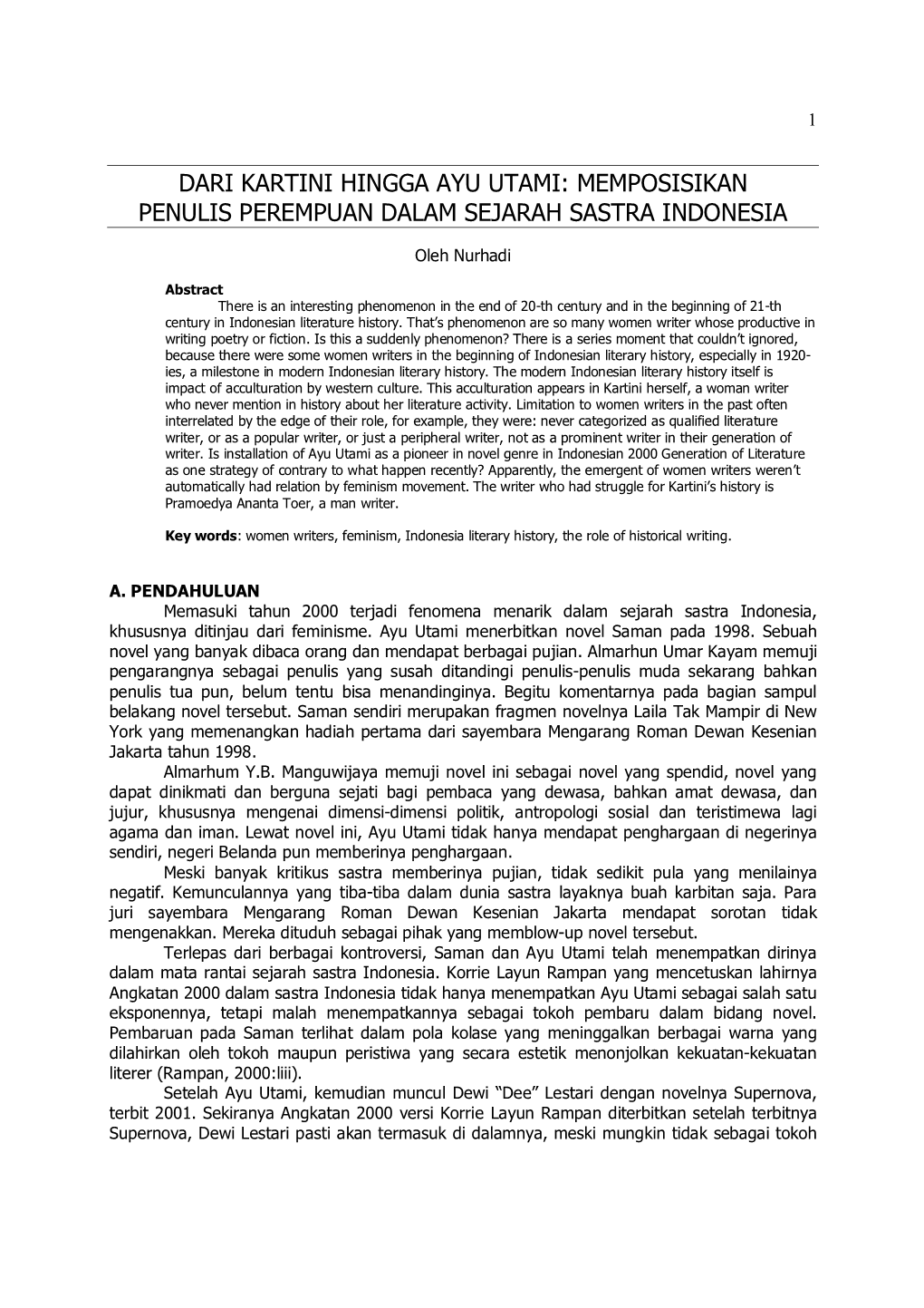 Dari Kartini Hingga Ayu Utami: Memposisikan Penulis Perempuan Dalam Sejarah Sastra Indonesia
