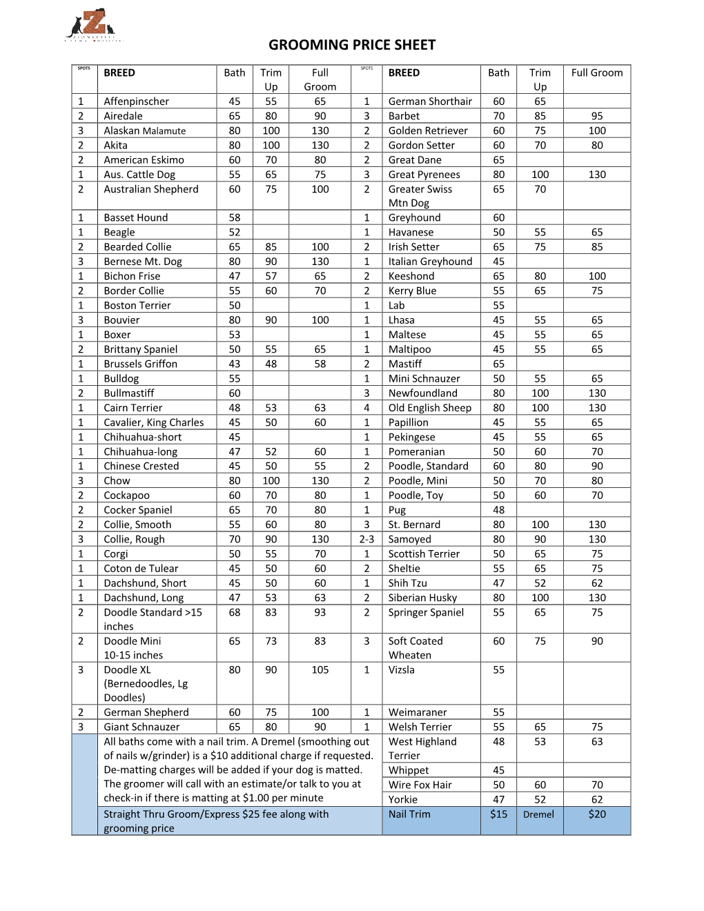 Grooming Price Sheet