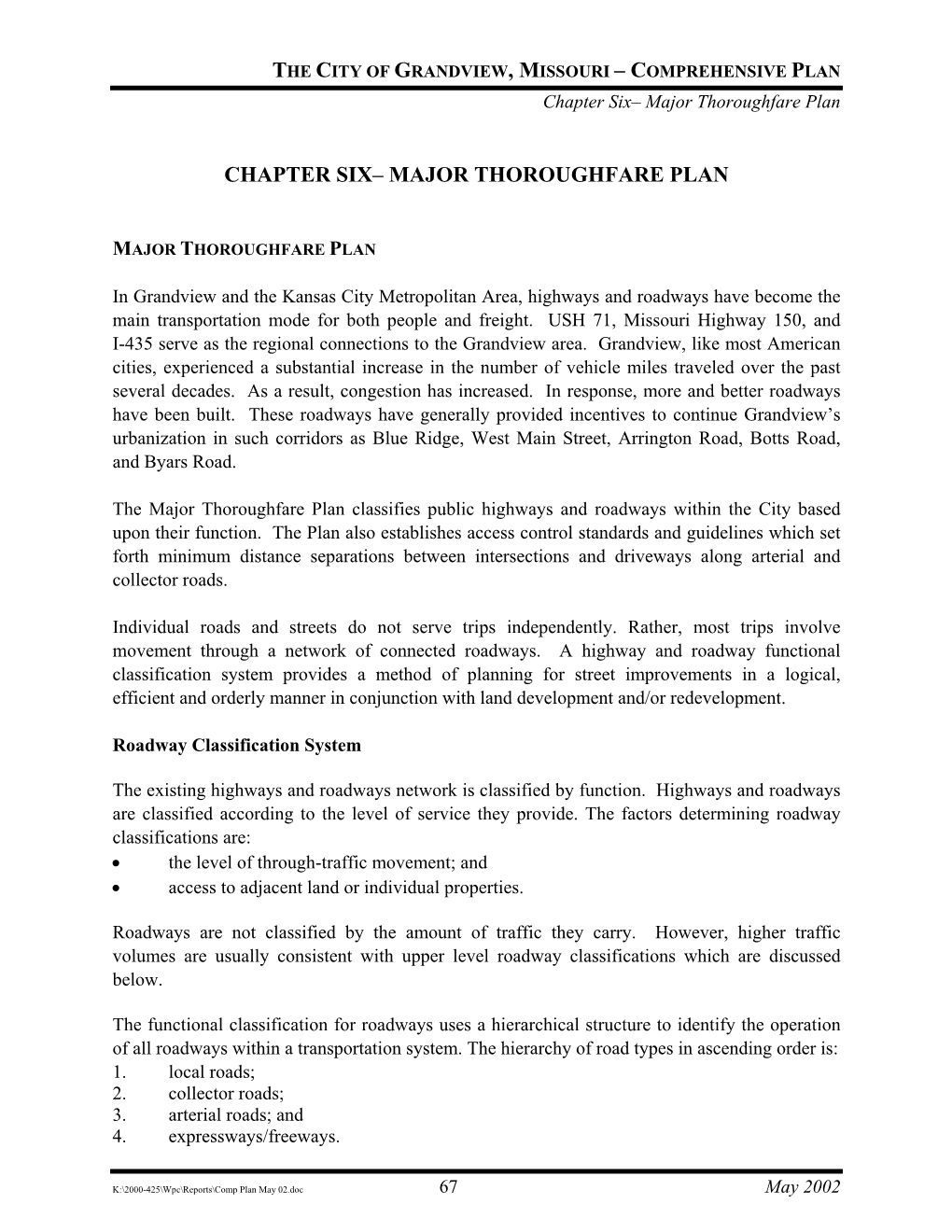 Chapter Six– Major Thoroughfare Plan