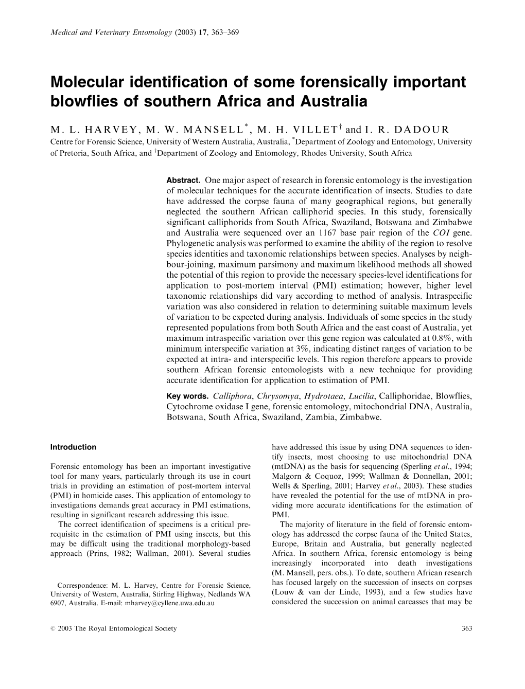 Molecular Identification of Some Forensically Important Blowflies of Southern Africa and Australia