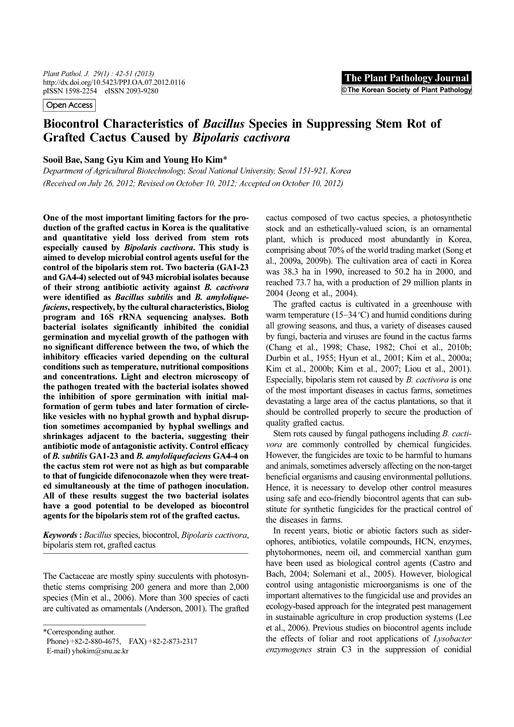 Biocontrol Characteristics of Bacillus Species in Suppressing Stem Rot of Grafted Cactus Caused by Bipolaris Cactivora