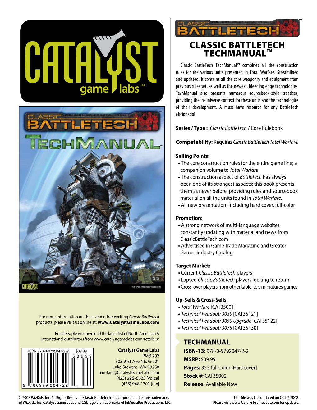 Classic Battletech TECHMANUALTM Classic Battletech Techmanual™ Combines All the Construction Rules for the Various Units Presented in Total Warfare